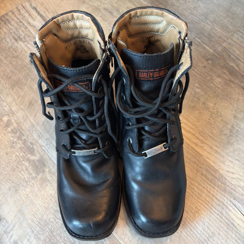Harley-Davidson Ladies Size 7.5M Black Leather Lace Up Zip Side Motorcycle Boot